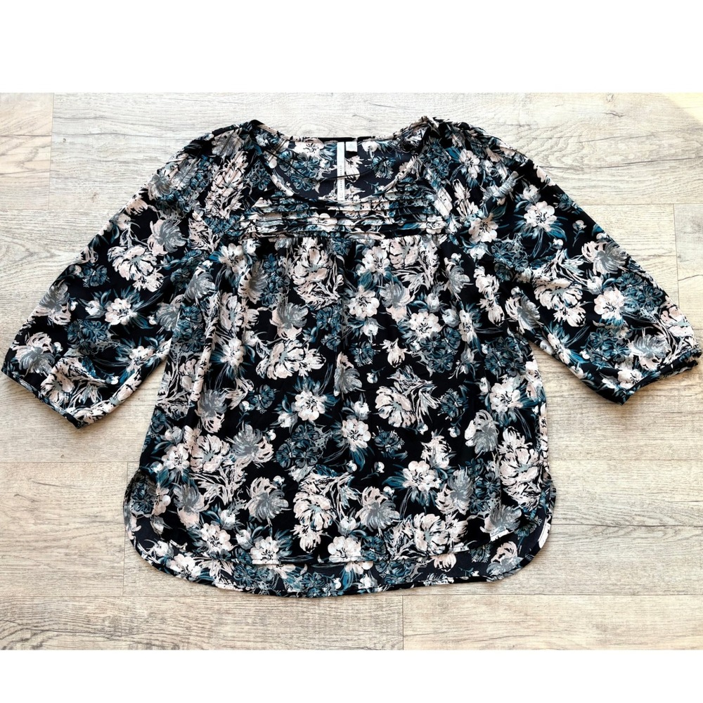 Lauren Conrad Floral Blouse Navy Blue Teal Pleated 3/4 Sleeve‎ Top Womens XL